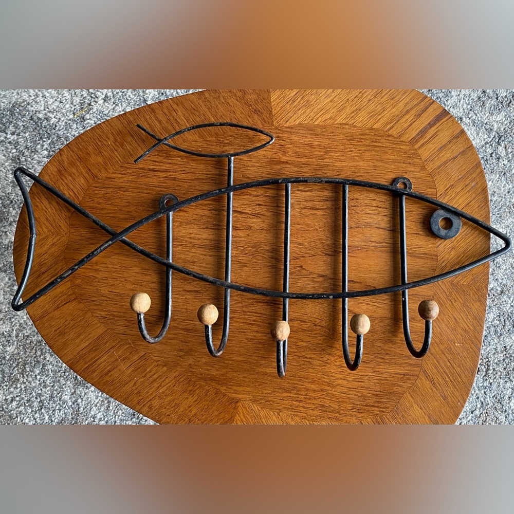 SOLD!! Atomic Mid-Century MCM Industrial Vintage Wall Coat Rack Iron & Teak Fish